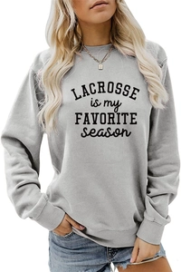 Detail of grey sweatshirt showing ribbed cuffs and Lacrosse is My Favorite Season print