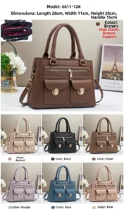 Detailed view of women's multi-pocket tote bag with specific dimensions and material texture