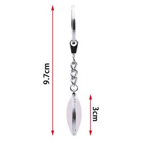 Detail showing 9.7cm silver metal keychain with 3cm spindle-shaped pendant