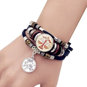 Luminous multilayer leather bracelet with retro Leo pendant and zodiac glass charm