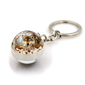 Detailed macro view of silver wolf dreamcatcher keychain with double-sided glass dome