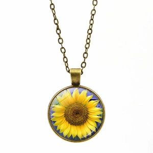 Vintage bronze sunflower time gem necklace with golden petals and link chain