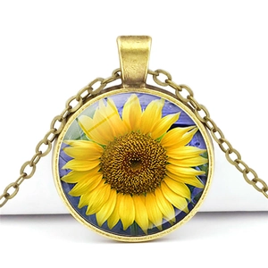 Retro sunflower glass gem pendant necklace with antique bronze chain for women and men