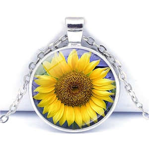 Sunflower Pendant Necklace Vintage Zinc Alloy Glass Cabochon Floral Aesthetic Jewelry Gift For Women Men