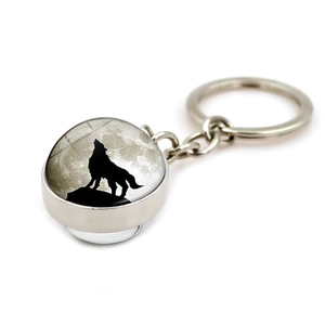 Luminous howling wolf glass ball keychain with moon pattern on silver metal ring