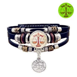 Zodiac Sign Constellation Multilayer Braided Leather Bracelet Luminous Alloy Pendant Wood Beads Vintage Punk Retro Style Jewelry