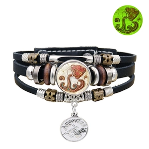 Retro multi-layer Aquarius luminous leather bracelet with vintage bronze charms