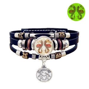 Luminous Gemini zodiac multi-layer leather bracelet with retro metal pendant and beads