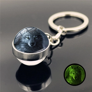 Detail of glow in the dark wolf crystal ball keychain showing green light effect