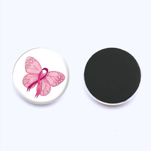 Front and back view of a 25mm pink ribbon butterfly fridge magnet with magnetic backing