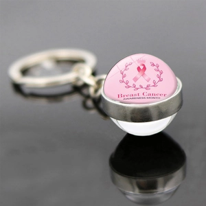Breast Cancer Awareness Pink Ribbon Keychain Silver Zinc Alloy Double Sided Glass Ball Pendant Charity Gift For Women