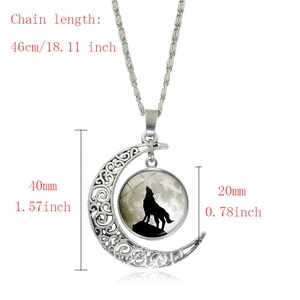 Collier lune évidée en argent vintage avec pendentif loup et chaîne de 46cm