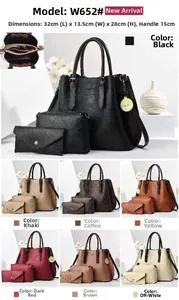 Détails d'un ensemble de 3 sacs à main comprenant cabas, pochette et trousse en sept coloris