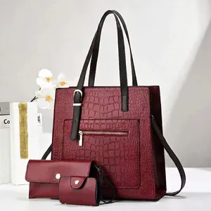 Three-piece dark red stone pattern tote bag set with black straps and metal zippers