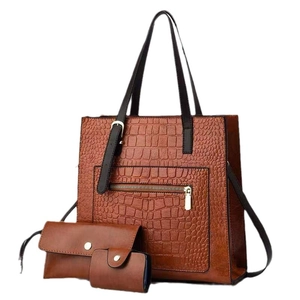 Brown faux crocodile leather tote bag set with matching wallet and card holder