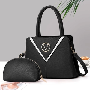 Sac À Main Et Petit Porte-Monnaie Urbain En Cuir PU À Motif Litchi Design V Contrasté Sac À Bandoulière Tendance Pour Femmes