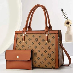 Classic brown two-piece tote bag set with vintage letter print and small clutch