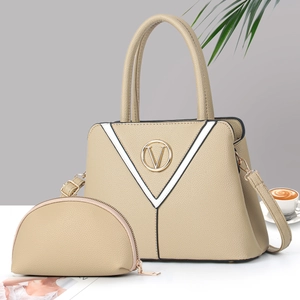 Ensemble sac à main kaki en cuir grainé avec logo V et petit porte-monnaie