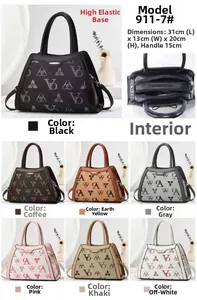 Detailed view of patterned multi-layer crossbody bag with size specs and color options