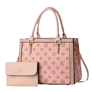 Pink printed tote bag set with monogram pattern and detachable shoulder strap