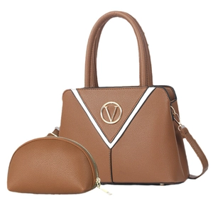 Ensemble sac à main en cuir PU marron avec patchwork en V et porte-monnaie assorti