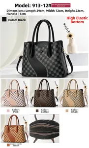Detailed interior storage view and checkerboard patchwork color options for handbags