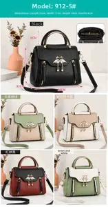 Detailed size chart and multi-compartment interior view of this contrast color handbag