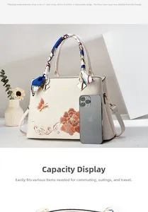 Dettaglio della borsa ricamata a fiori con telefono per scala e manico con foulard