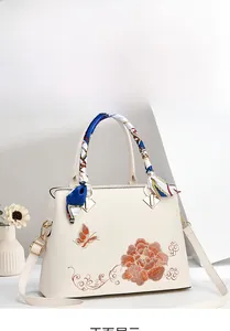 Dettaglio di ricamo floreale su borsa in ecopelle color crema con manico in seta