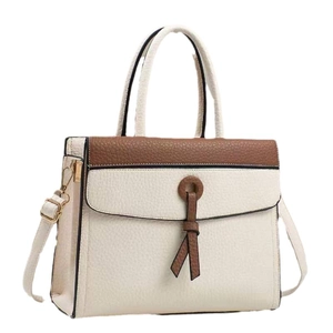 White and brown contrast color shoulder bag in textured litchi pattern faux leather
