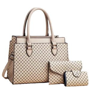 Set di 3 borse a griglia beige con borsa a mano, pochette e borsellino in pelle PU