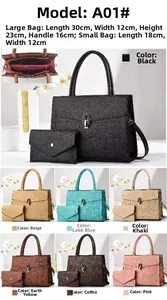 Detailed view of the 2-piece tote bag set including dimensions and various color options