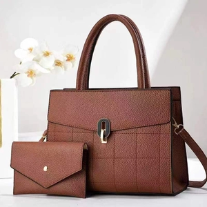 Brown lychee leather tote bag and envelope clutch set with quilted plaid pattern