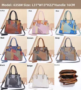 Detailgitter mit mehrfarbigen Patchwork-Schultertaschen und interner Fächereinteilung