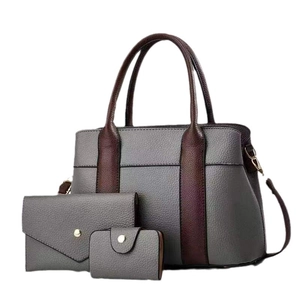 Ensemble de 3 sacs pour femmes en similicuir gris avec poignées marron foncé