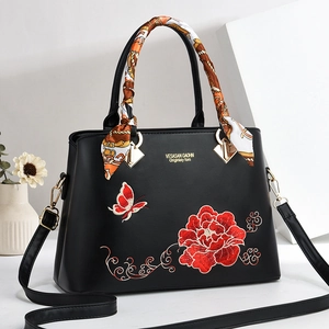 Borsa A Secchiello Donna Pelle PU Ricamo Fiori Farfalla Borsa A Mano Con Foulard Elegante Tracolla Grande Capacità