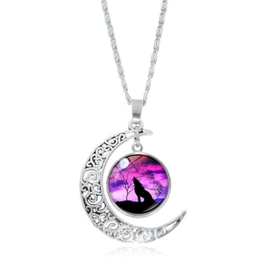 Collier Pendentif Loup Hurlant Croissant De Lune Évidé Vintage Alliage Verre Cabochon Bijoux Mystère Céleste Pour Femmes Hommes