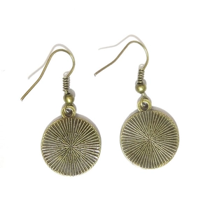 Retro bronze sunburst drop earrings with engraved radial patterns and fish hooks