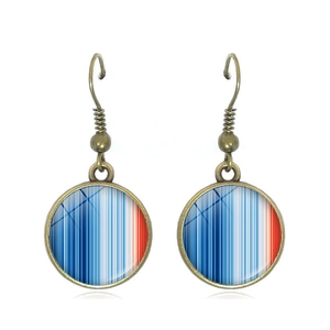 Macro view of retro bronze hook earrings with climate warming stripes glass charm
