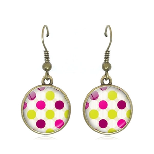Vintage bronze hook earrings with colorful polka dot pattern in round glass cabochons