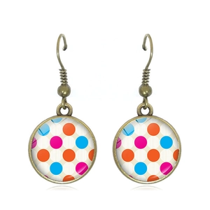 Vintage Alloy Bronze Round Glass Cabochon Polka Dot Dangle Earrings Bohemian Striped Drop Earrings For Women Daily Jewelry
