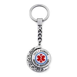 Rotatable stainless steel Type 1 Diabetic medical alert keychain with Star of Life charm