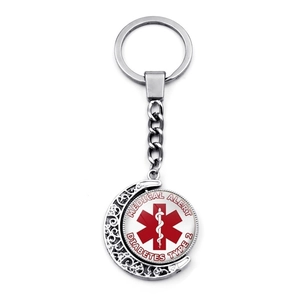 Rotating Type 2 Diabetes medical alert keychain with crescent moon frame and Star of Life