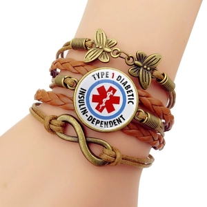 Multilayer diabetic medical alert bracelet with bronze butterfly charms and leather cords