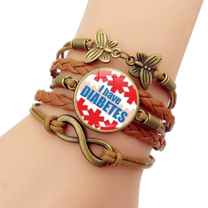 Multilayer leather bracelet for diabetics with butterfly charm and medical alert sign