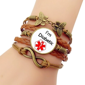 Multilayer leather diabetic bracelet with butterfly charms and medical alert star symbol