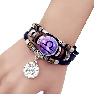 Pulsera de cuero multicapa luminosa con los símbolos de Libra y Leo para parejas