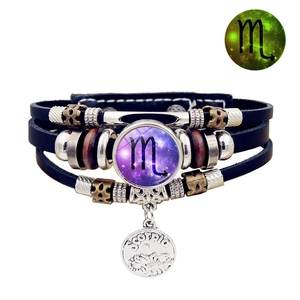 Pulsera de cuero luminosa de Escorpio con cuentas multicapa y amuleto del zodiaco