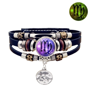 Pulsera del zodiaco Virgo luminosa de cuero multicapa con colgantes de estilo vintage