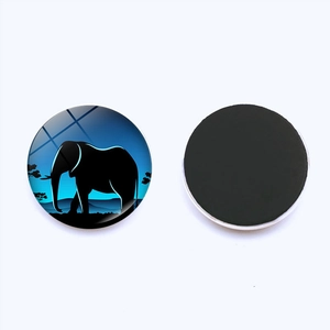 Detail of 25mm round glass fridge magnets featuring elephant silhouettes and sunset scenes
